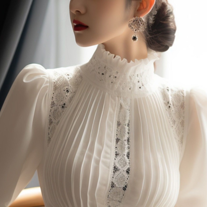 Blusas Mujer De Moda 2025, Bluse für Frauen, Temperament, Spitze, Patchwork, Hemden, aushöhlen, plissiert, Stehkragen, Vintage-Blusen, Tops