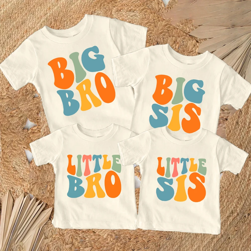 Big Bro Sis Little Bro Sis Printed Family Matching T-shirt Boys Girls Sibling Clothes Kids Tops Outfit Children Retro Tee Shirts