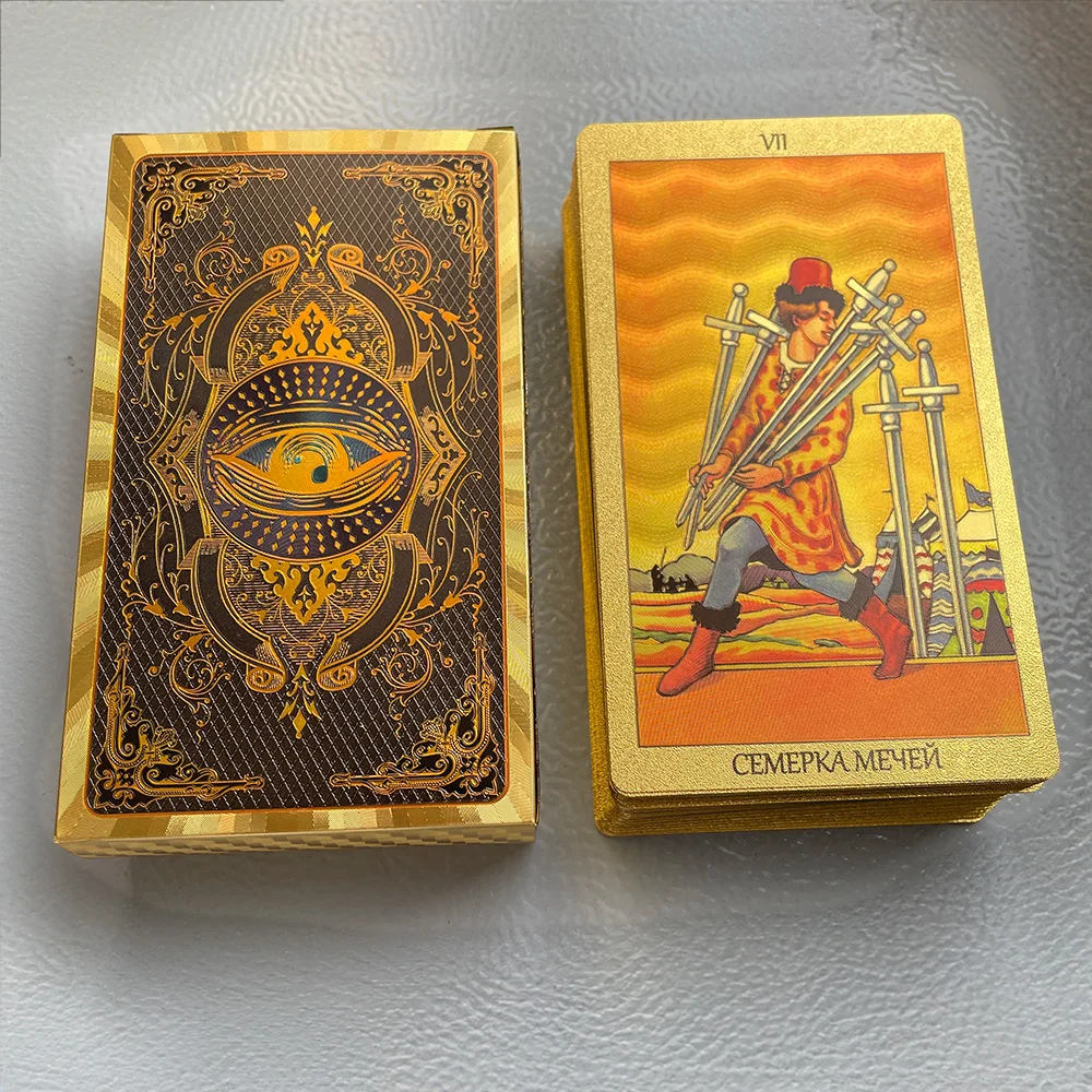 Russische goldene Folie 12 x 7 cm Tarot-Deck-Wahrsagekarten für Anfänger mit Reiseführer Toro Taro