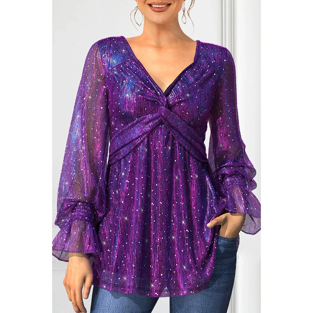 Plus size natal vermelho parkly glitter tecido torção nó lanterna manga longa elástico manguito túnica blusa com decote em v topos