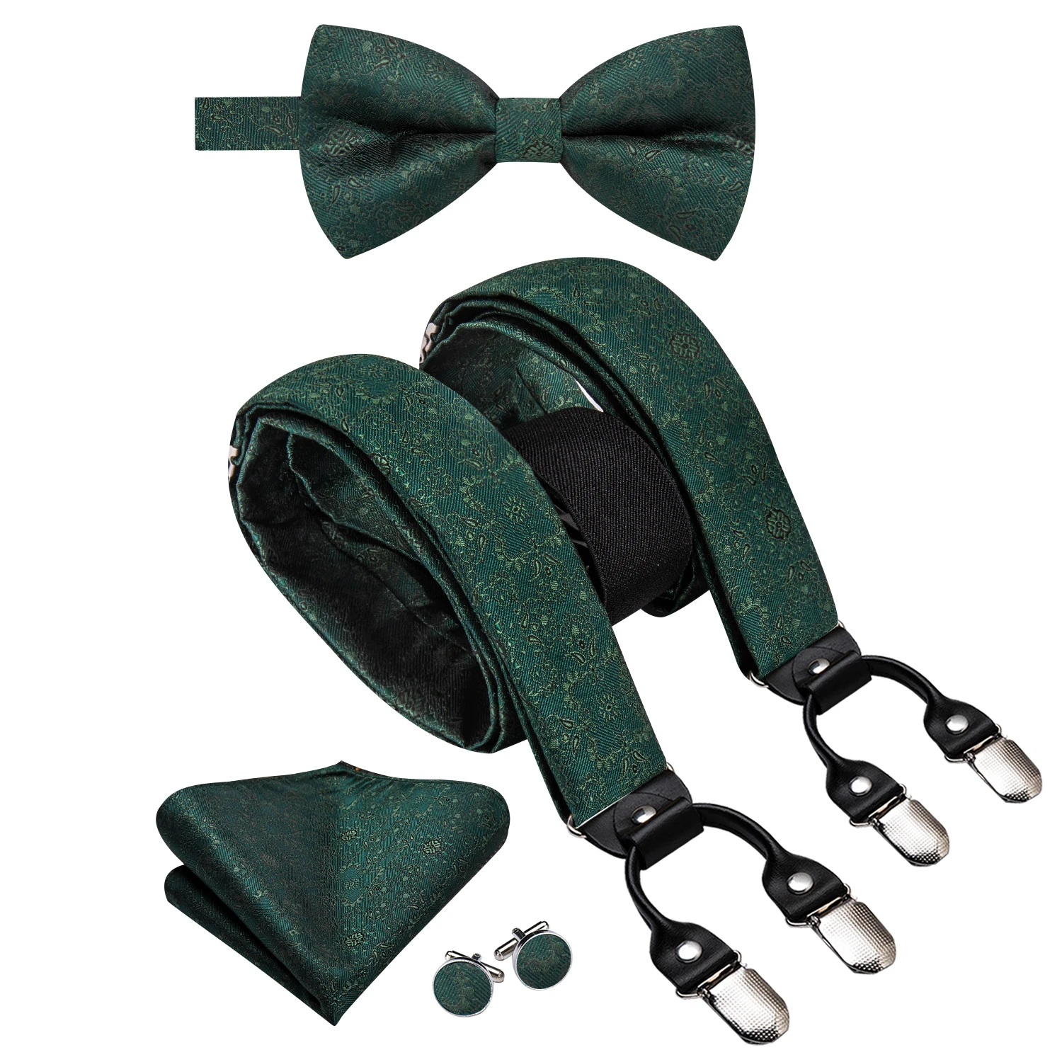 Hi-Tie Dark Green Solid Men Suspender Bowtie Hanky Cufflink Adjustable Clip On Brace for Male Wedding Business Wholesale
