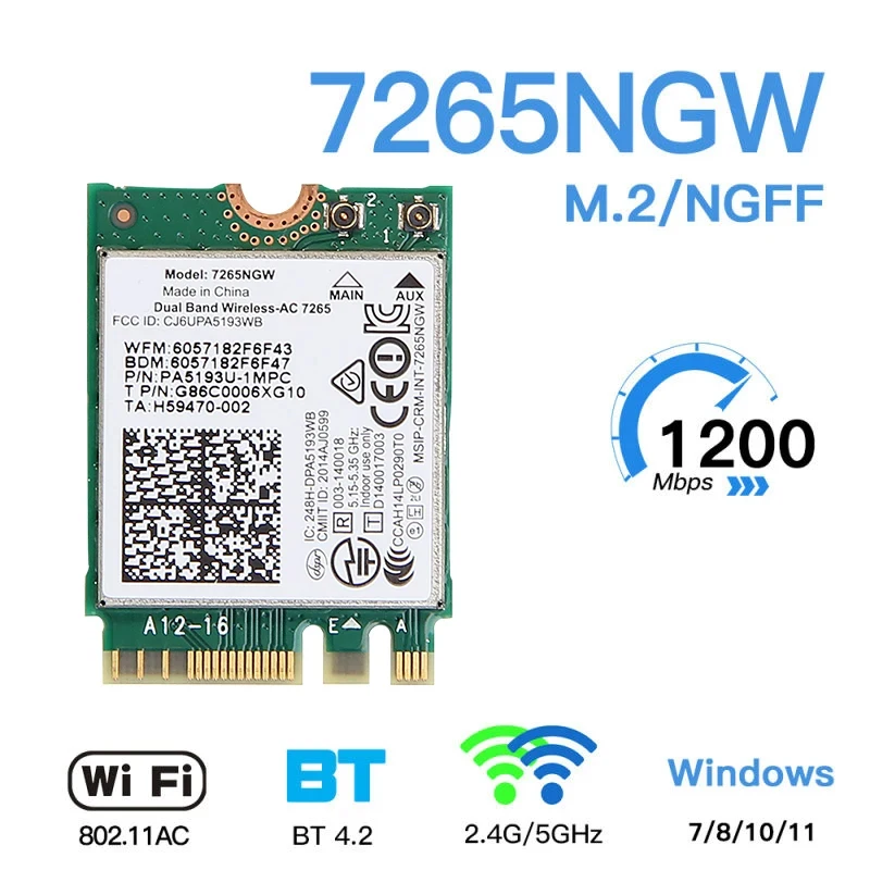 Tarjeta AC 7265 AC7265NGW de doble banda, 2,4G/5GHz, 300Mbps + 867Mbps, NGFF M.2 802.11AC