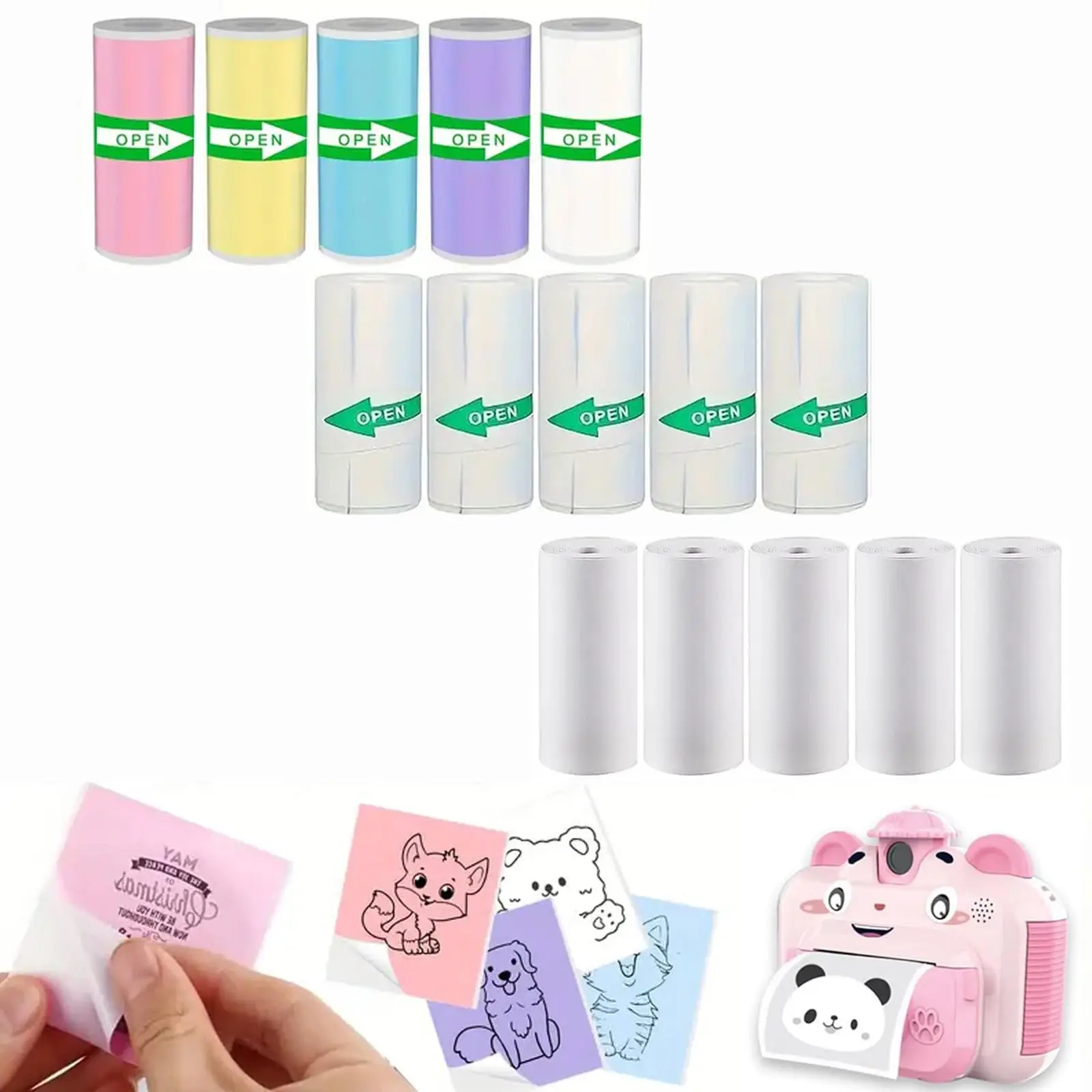 15 Rolls 57mm Thermal Paper Self-Adhesive Sticker (5 White/5 Color)+5 Plain, for Camera/Portable Printers, Photo Journal Office
