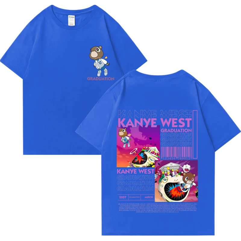カニエウェスト卒業クマ両面プリント Tシャツ男性女性ファッションヒップホップクールトップス半袖ユニセックスコットン Tシャツ