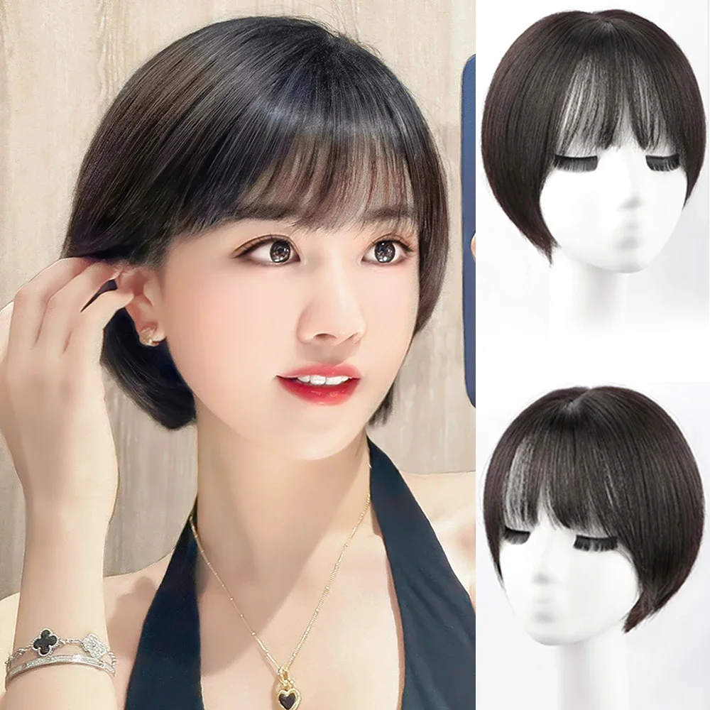 Peruca curta preta com franja para mulheres, cabelo humano, liso, macio, natural, diário, roupa de festa