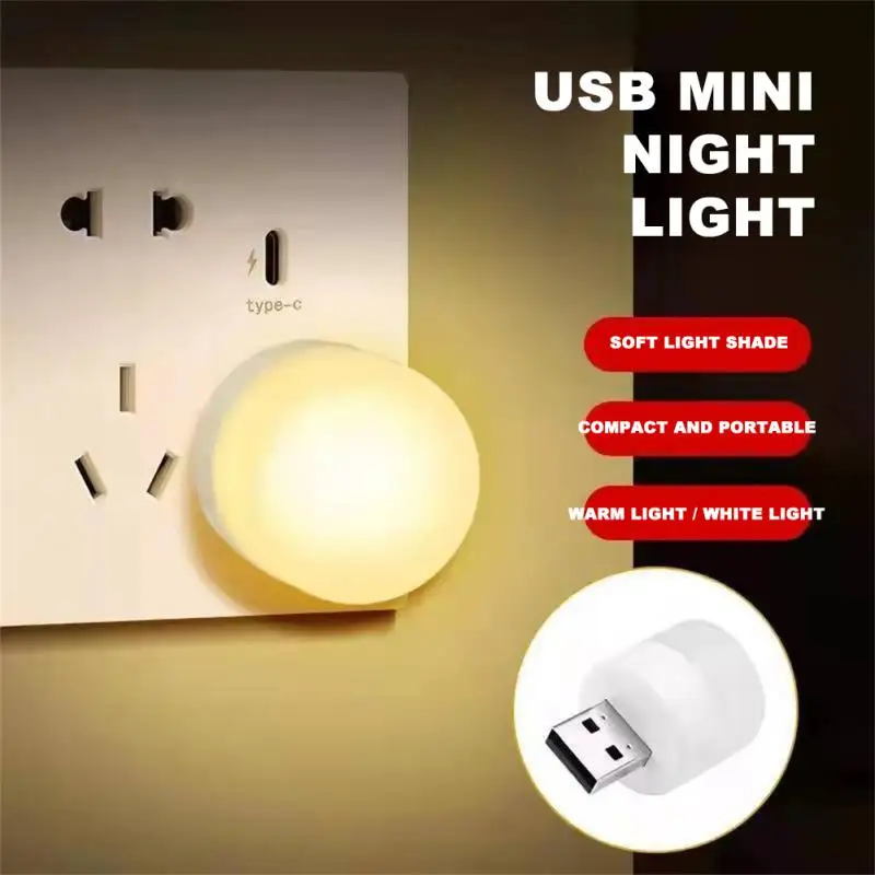 Luces de libro USB, luz nocturna USB, Mini luz LED nocturna, lámpara con enchufe USB, Banco de energía, carga, protección ocular de lectura redonda pequeña