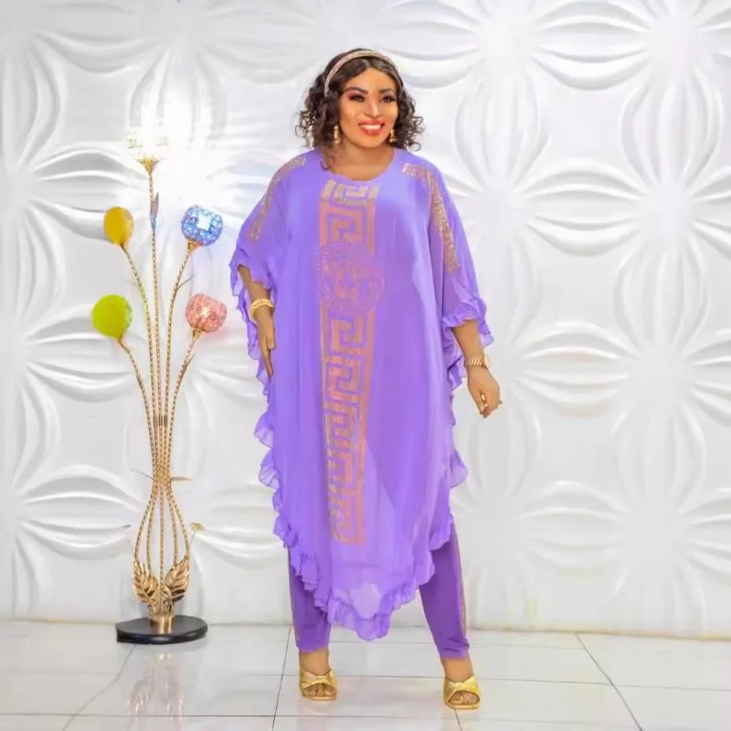 Afrikaanse Plus Size Chiffon Middellange Driedelig Pak Ultrafijne Vezel Vijf Mouwen Fly Mouw Chiffon Rok Set