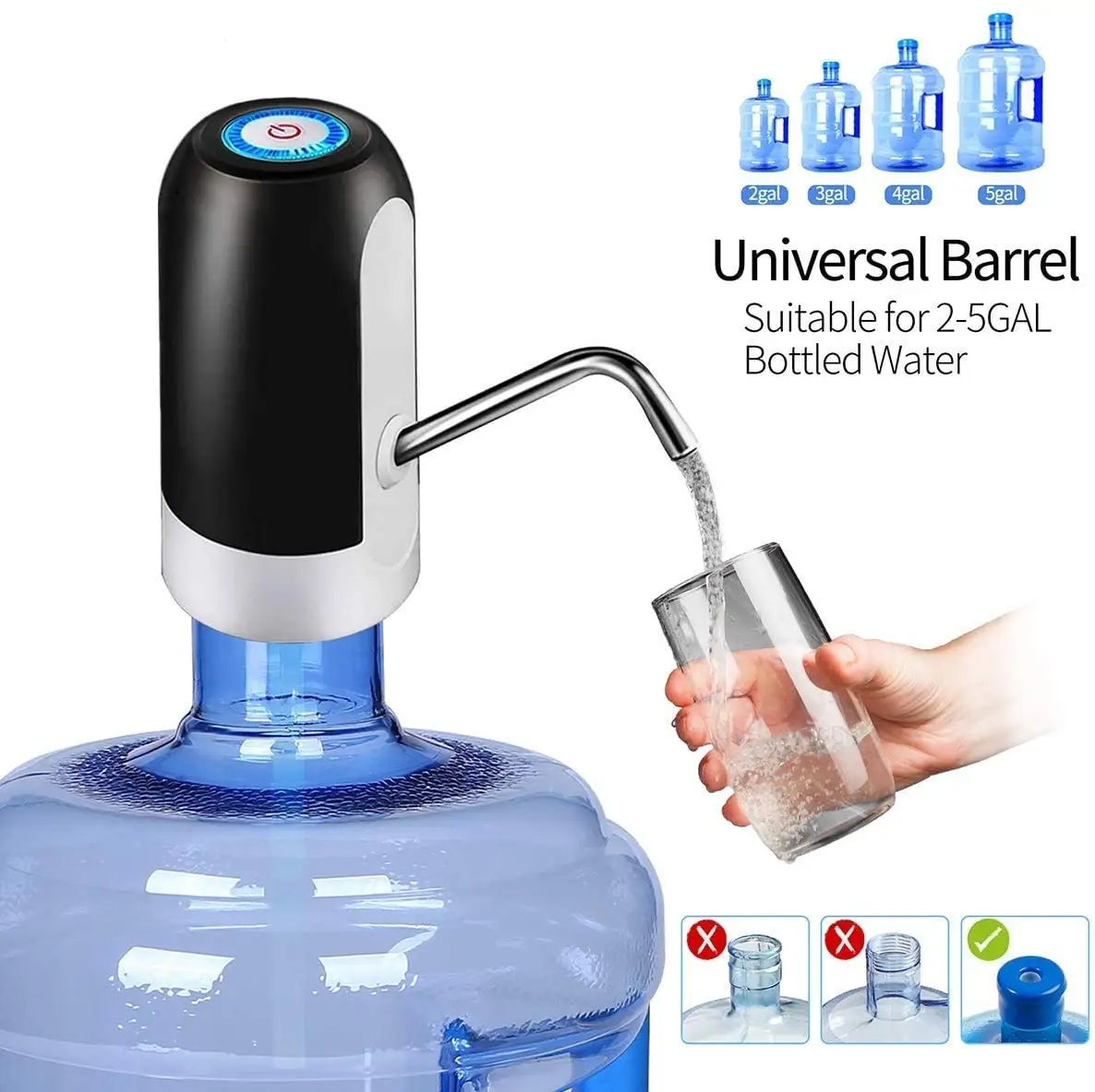 自動飲料水ポンプ,USB充電器,ポータブル電気ウォーターディスペンサースイッチ,ユニバーサル,5ガロンのボトル,黒と白