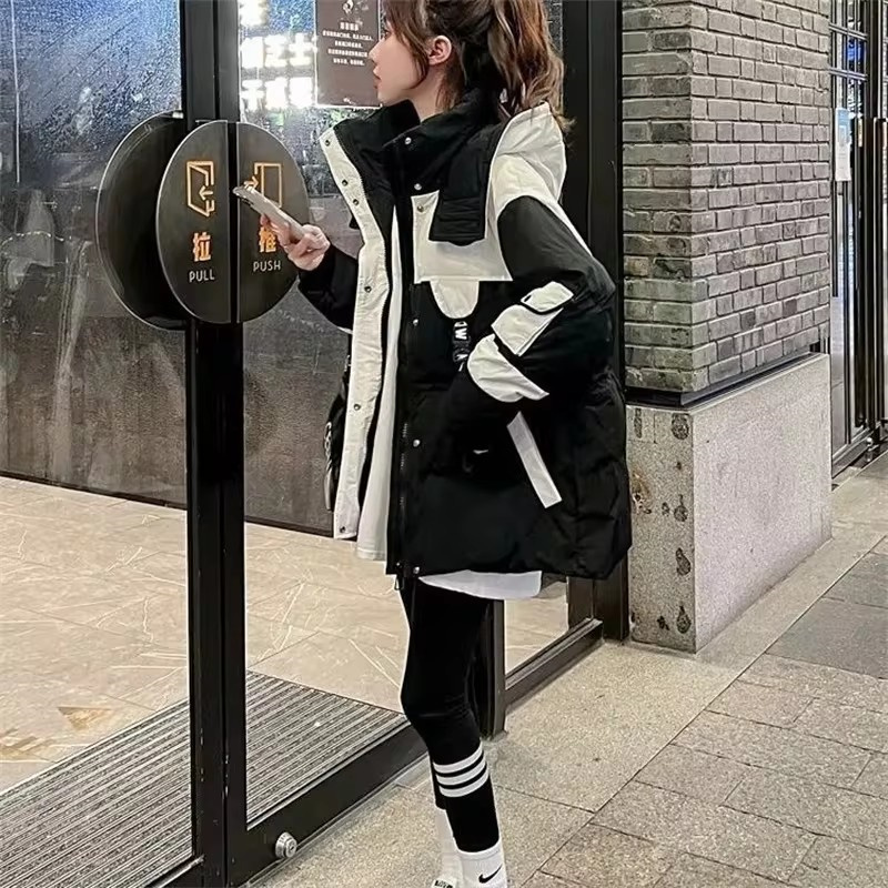 冬の女性のダウンコットンコート韓国女性すべて一致パーカージャケット 2024 レディースフード付きスプライシング一緒にフグ生き抜く