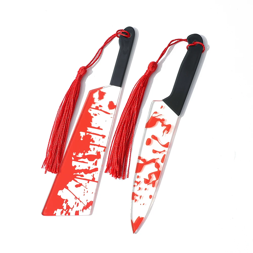 1 segnalibro in acrilico trasparente con coltello horror con nappa, serie a tema Halloween Chopper Saw con sangue, Halloween per tormi