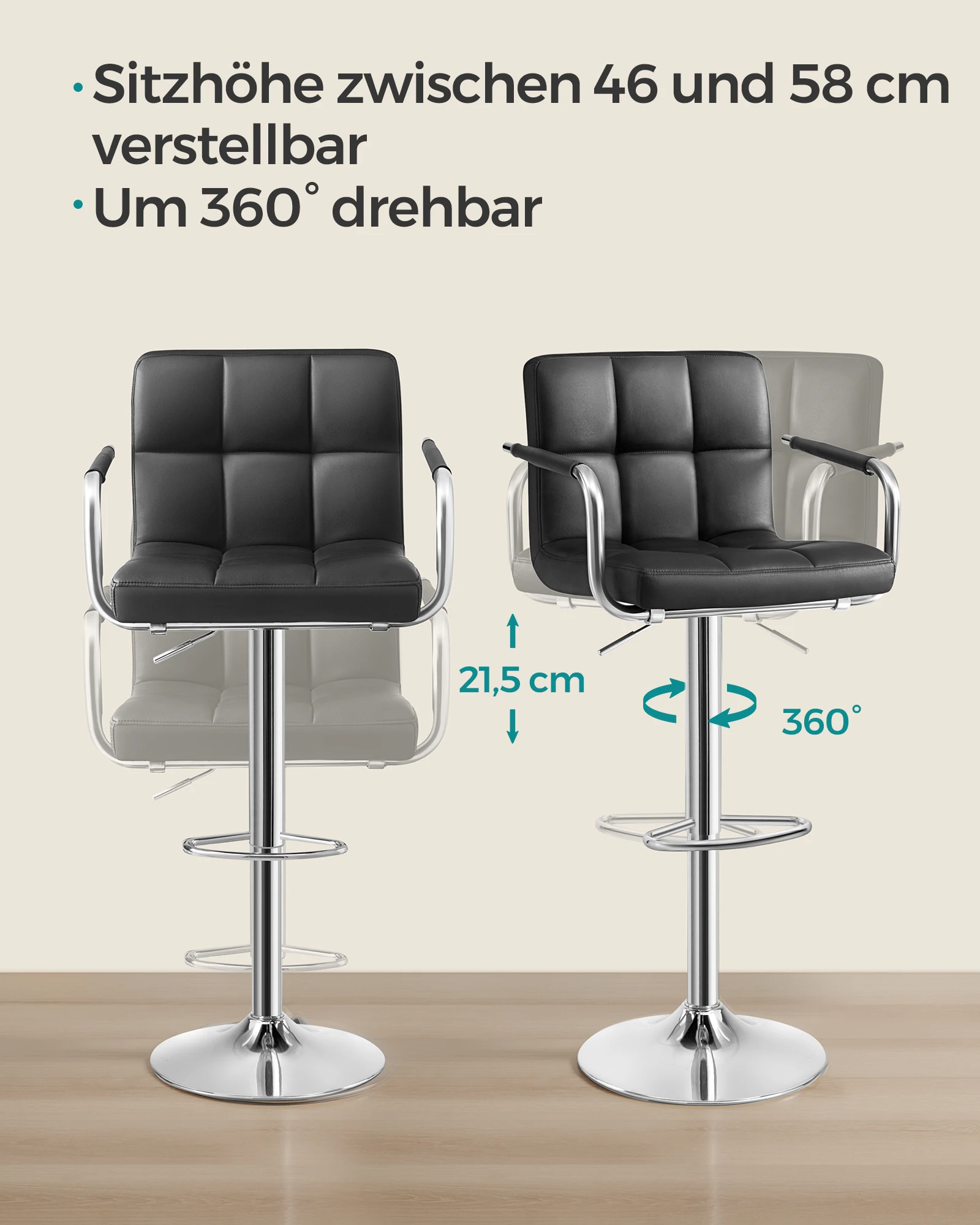 SONGMICS Barhocker, Küchenstuhl, 2er Set mit Armlehnen, 120 kg Tragkraft, höhenverstellbar, Kunstleder-Bezug, 360° drehbar