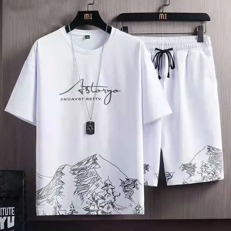 Herren Casual Sport Anzug aus Eisseide, bedrucktes Sweatshirt, Jogginghose, Outdoor, Joggen, Sport, Basketball, Training, Fitness, 2-teiliger Anzug