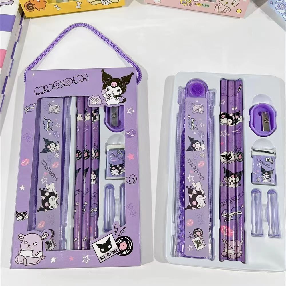 Kawaii Cinnamoroll Kuromi My Melody ดินสอยางลบดินสอ Sharpener ไม้บรรทัดชุดเครื่องเขียนการ์ตูนน่ารักโรงเรียนของขวัญ