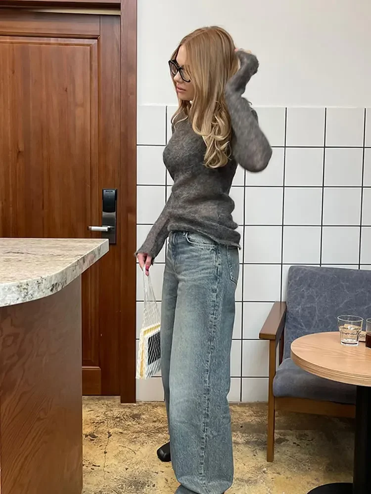 Moda Solidny okrągły dekolt Cienki sweter z dzianiny Elegancki sweter z długim rękawem Bodycon 2024 Nowa jesienna odzież uliczna dla kobiet dojeżdżających do pracy
