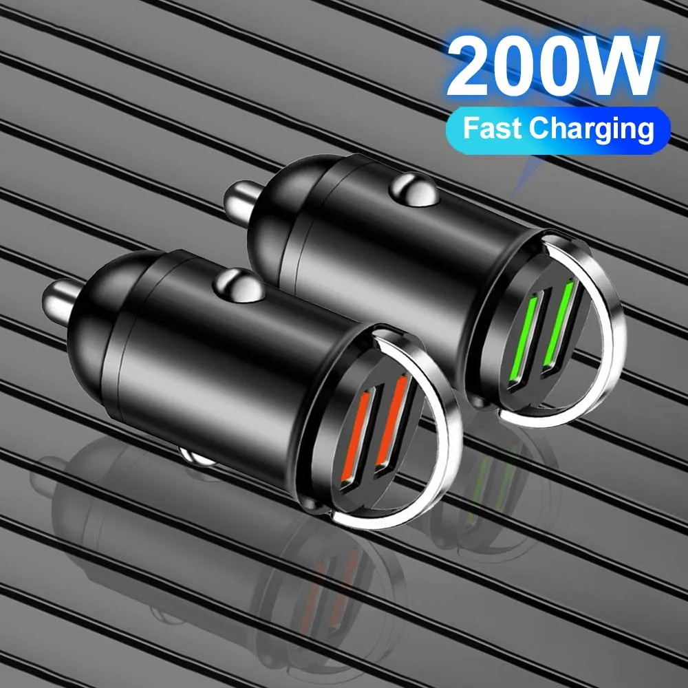 Caricabatteria per auto doppio USB da 200 W ricarica rapida mini caricatore per telefono per auto con anello di trazione per iPhone Xiaomi Huawei iPad accendino per auto universale