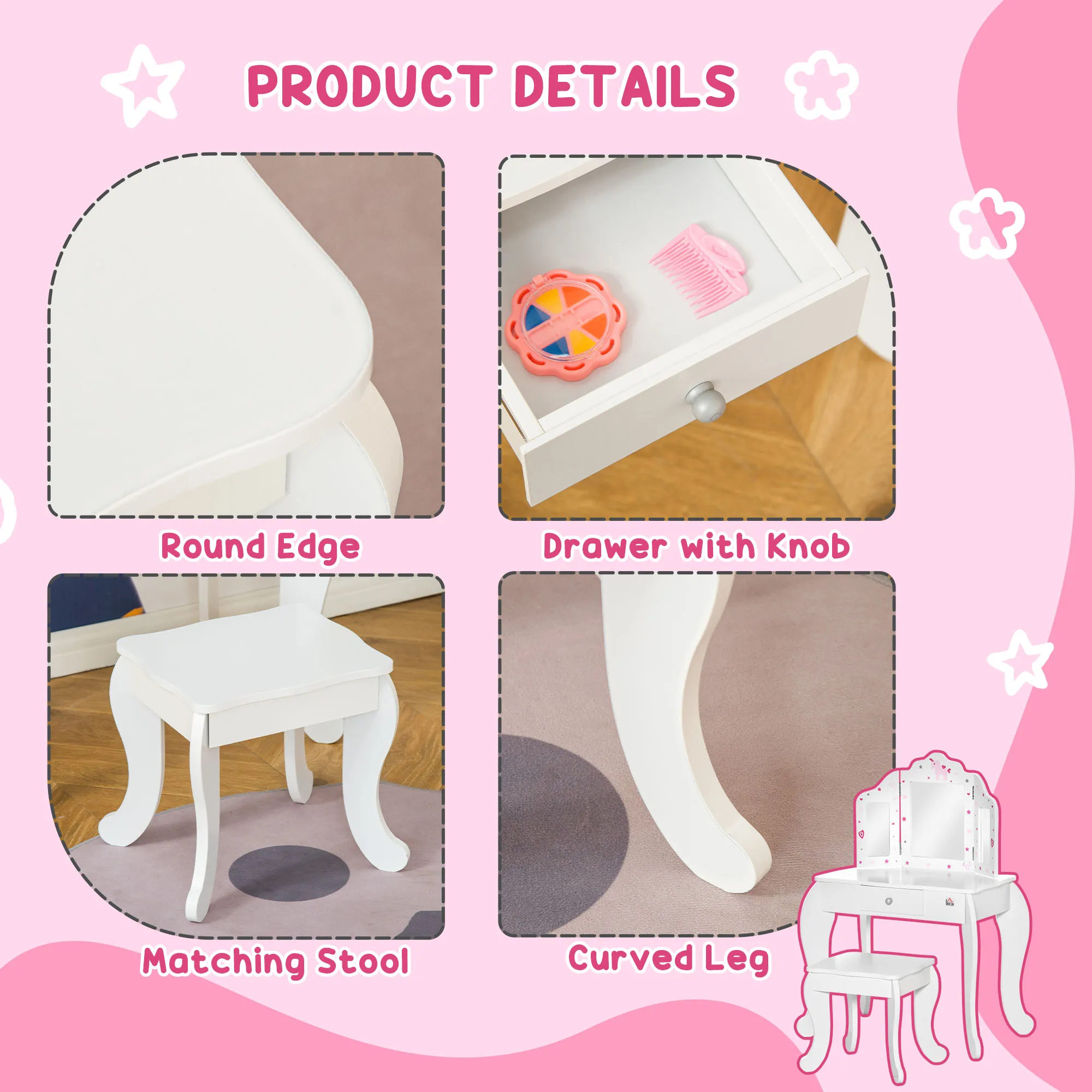 HOMCOM Kids Vanity Table & Stool Girls Dressing Set Make Up Desk with Rotatable Mirrors Drawer Star & Heart Pattern White