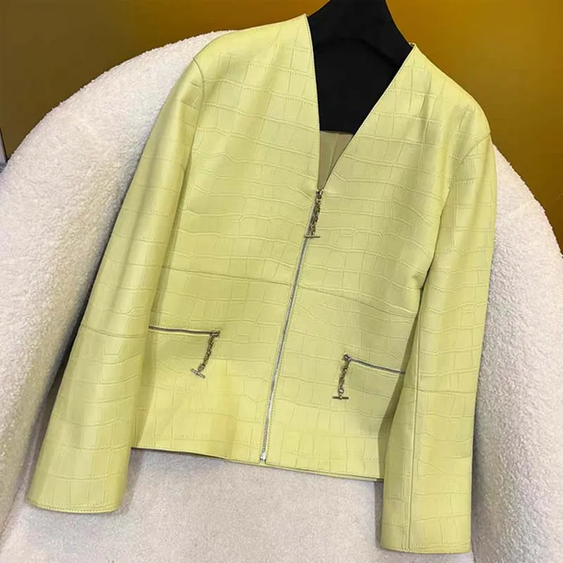 Jaqueta de couro genuíno com decote em v roupas de comprimento curto de alta qualidade mi casaco de pele de crocodilo primavera feminino