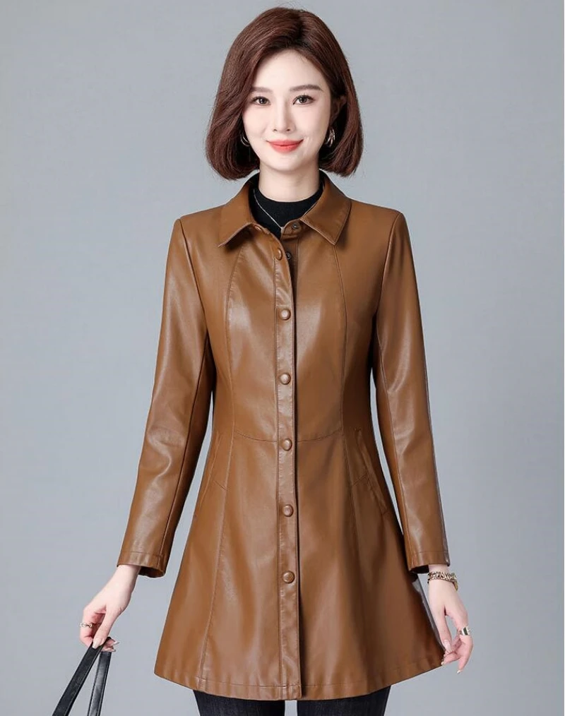 Neue Frauen Leder Trenchcoat Herbst Winter Mode Drehen Unten Kragen Dachte Taste Schlanke mittellange Leder Mantel Split leder