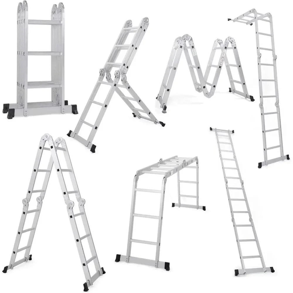 Folding Ladder, 12.5FT Multi-Purpose Aluminium Extension, 7 in 1 Heavy Duty Collapsible Ladder, 330LBS Capacity Step Plat