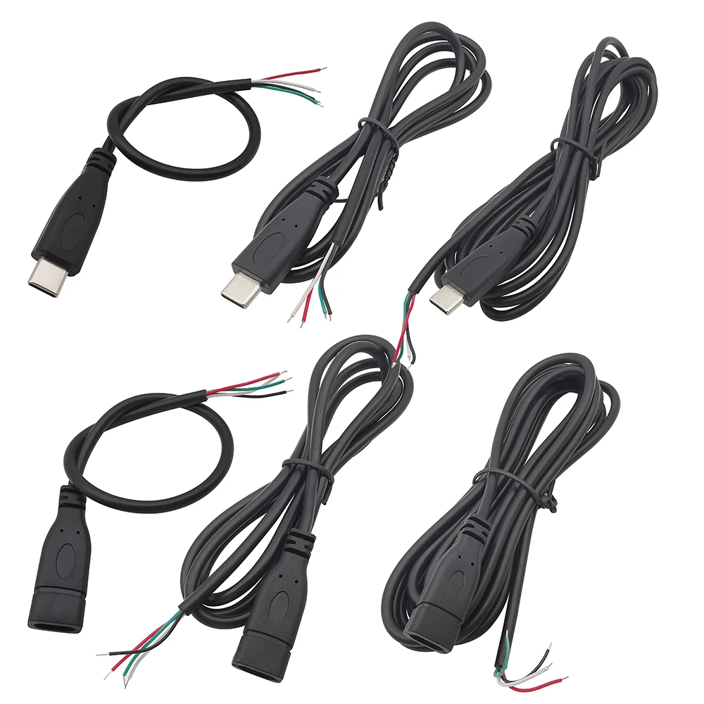 Conector USB tipo C macho hembra, conector de cargador de fuente de alimentación, 2 pines, 4 pines, USB-C, Cable de reparación DIY, Cable tipo soldadura, 0,3 M, 1M, 2M