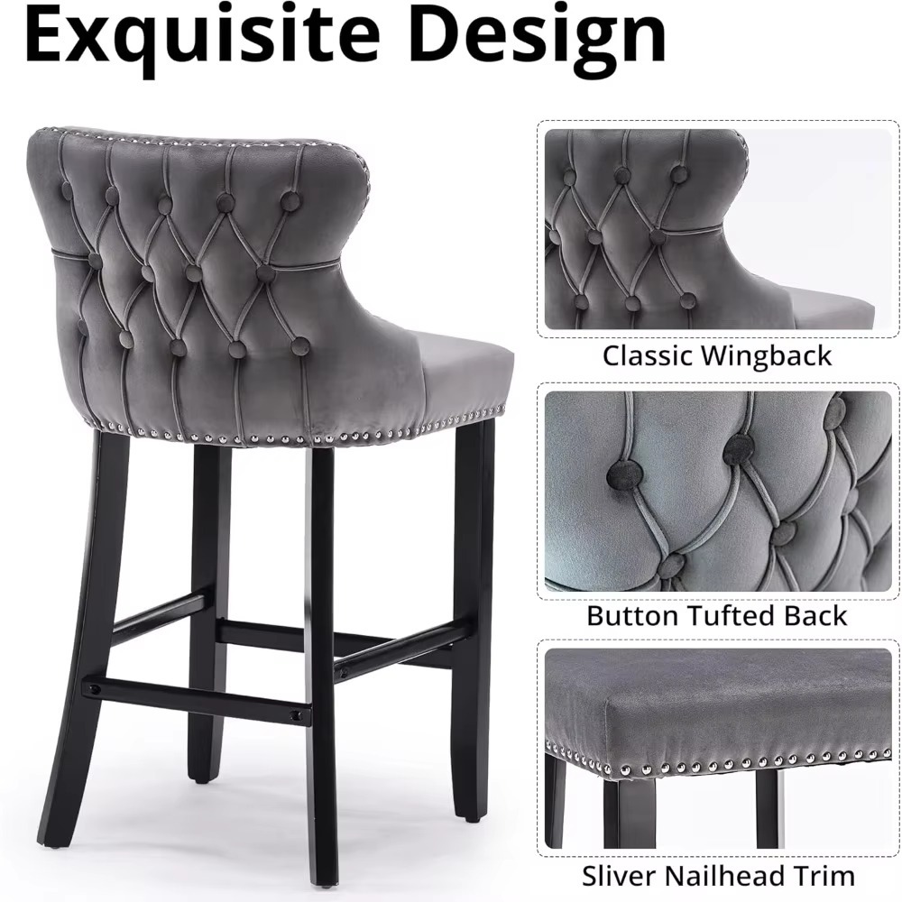 Bar Stools Set Counter Height,with Solid Wood Legs, Button Tufted and Nailheads Trim,Velvet Upholstered Barstools