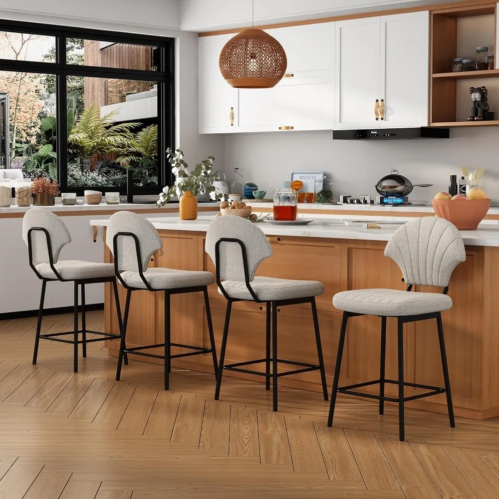 Bar Stools Set of 4, Counter Height BarStools with Shell-Shaped Backrest, Island Chairs with Metal Legs and Footrest, Modern Bar