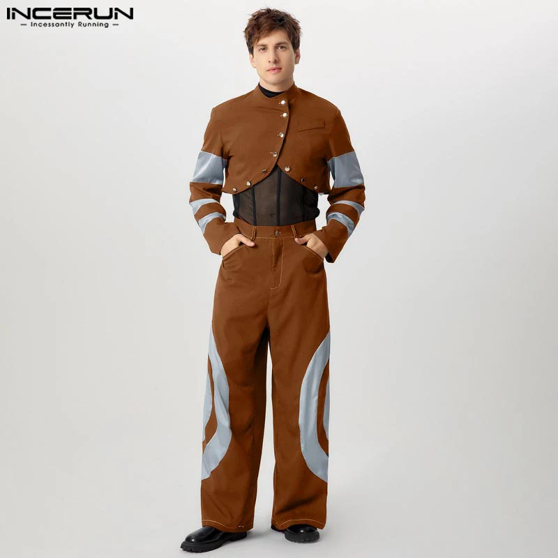 INCERUN 2024 Hübsche Herren-Sets, stilvoll, Spleißen, Farbkontrast, kurze Arc-Swing-Jacken, Hosen, lässige Persönlichkeit, zweiteilige Sets