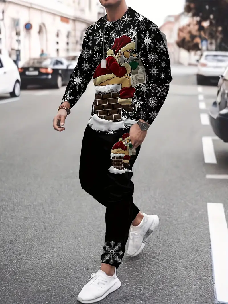 Traje de manga larga con estampado navideño 3D para hombre, Sudadera de cuello redondo y pantalones largos, ropa de moda para correr