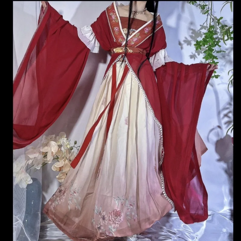 Retro สไตล์จีนสีแดง Vestido Hanfu ชุดคอสเพลย์ผู้หญิงแบบดั้งเดิมพิมพ์กระโปรงยาว 5 ชิ้นชุดสาวปาร์ตี้ชุดกระโปรง