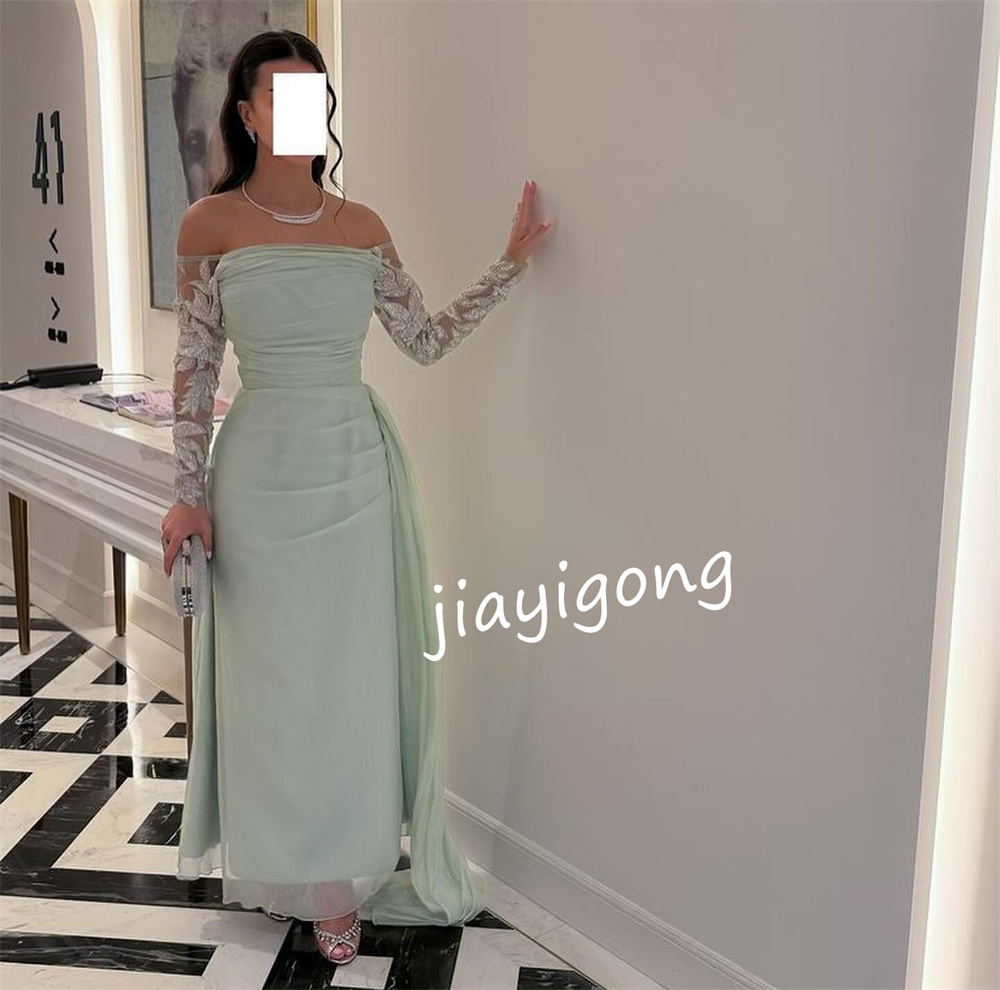 ที่กําหนดเองเรียบง่ายชีฟองจีบรูปแบบ A-Line ปิดไหล่ชุดยาว Bespoke โอกาสชุด Pastrol คลาสสิก