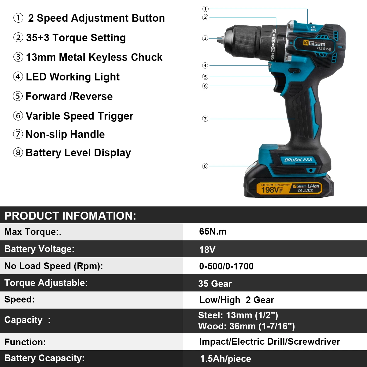 Gisam 13 มม.35 + 3 แรงบิดBrushlessสว่านกระแทกไฟฟ้าสว่านไร้สายไขควงไฟฟ้าเครื่องมือสําหรับMakita 18Vแบตเตอรี่Pin