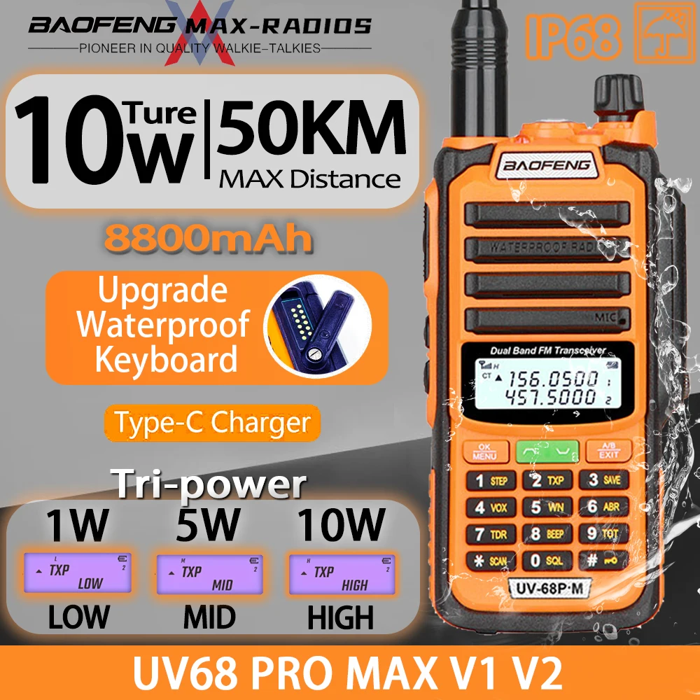 BAOFENG UV68 Pro Max V2 10W cargador tipo C de doble banda IP68 Radio CB impermeable 50KM Radioaficionado de largo alcance Walkie Talkie TwoWayRadio
