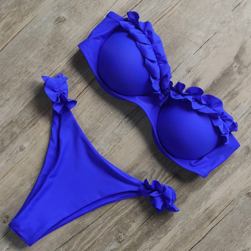Bandeau ชุดว่ายน้ําบิกินี่ผู้หญิงชุดว่ายน้ําเซ็กซี่ทอง Ruffle ชุดบิกินี่ Push Up ชุดว่ายน้ําหญิงชุดว่ายน้ําเสือดาวบราซิล 2021