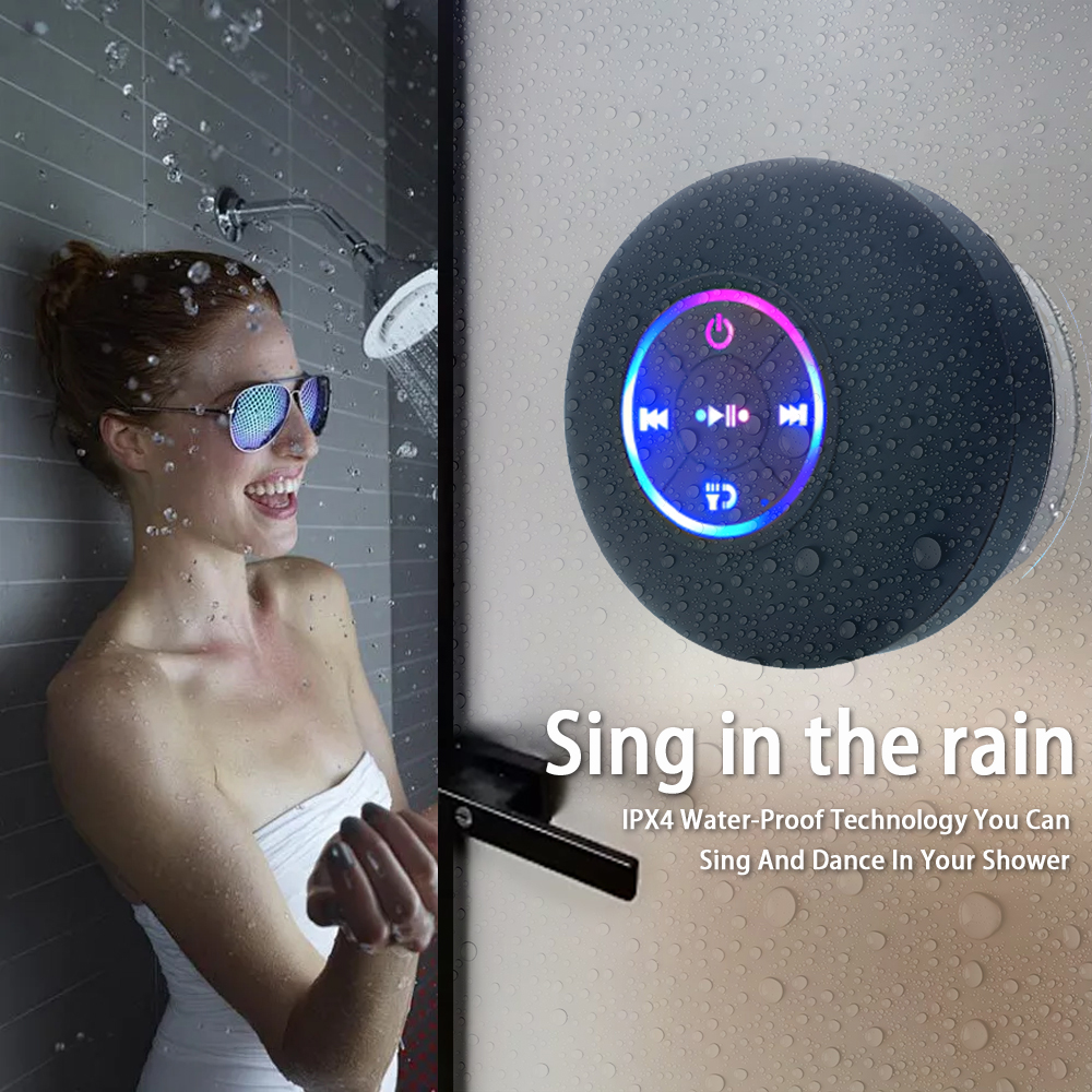 Altavoz portátil inalámbrico con Bluetooth LED IPX4, altavoz impermeable para exteriores, baño, ventosa grande, Mini caja de sonido estéreo