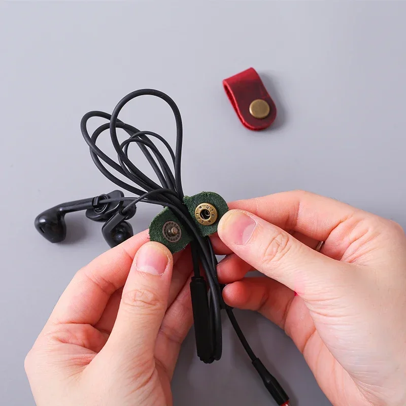 Genuine Leather Cable Organizer Vintage Earphone Wire Data Line Clips Cable Winder Tie Cable Management Cord Organizer Office