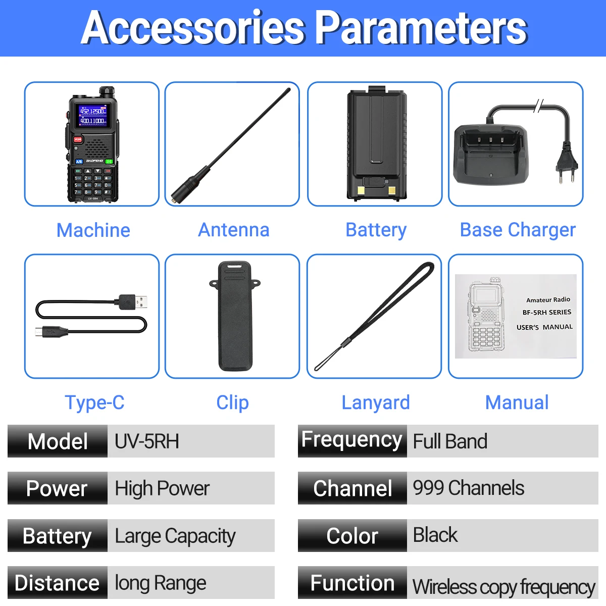 Baofeng UV 5RH 10W Bande complete Walkie Talkie Wirless Frequenza di copia Tipo-C Caricatore Ricetrasmettitore UV 5R aggiornato Ham Radio bidirezionale