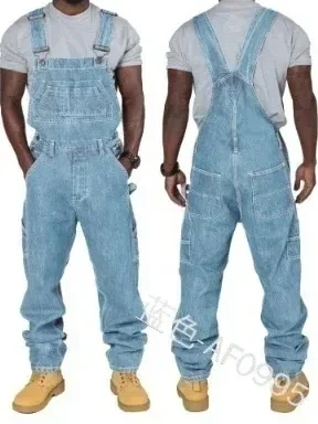 Homens jeans 2025 macacão bolsos casuais soltos calças jeans longas fino splice macacão reto outono plus size calças de brim longas