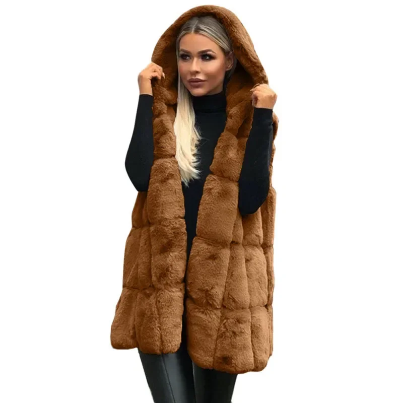 Frauen Herbst Winter Damen Neue Imitation Pelz Kapuze Weste Mit Kapuze Imitation Pelz Weste