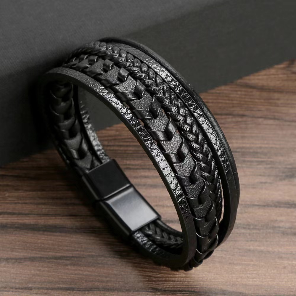 Accesorios de moda para hombre, hebilla magnética de aleación, pulsera trenzada de cuerda de cuero Retro multicapa, vendaje de moda, 1 ud.