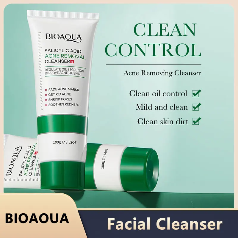 Bioaoa limpador facial de ácido salicílico, tratamento de acne, hidratante, controle de óleo, cuidados com a pele, espuma de lavagem facial, limpador facial, cuidados com a pele