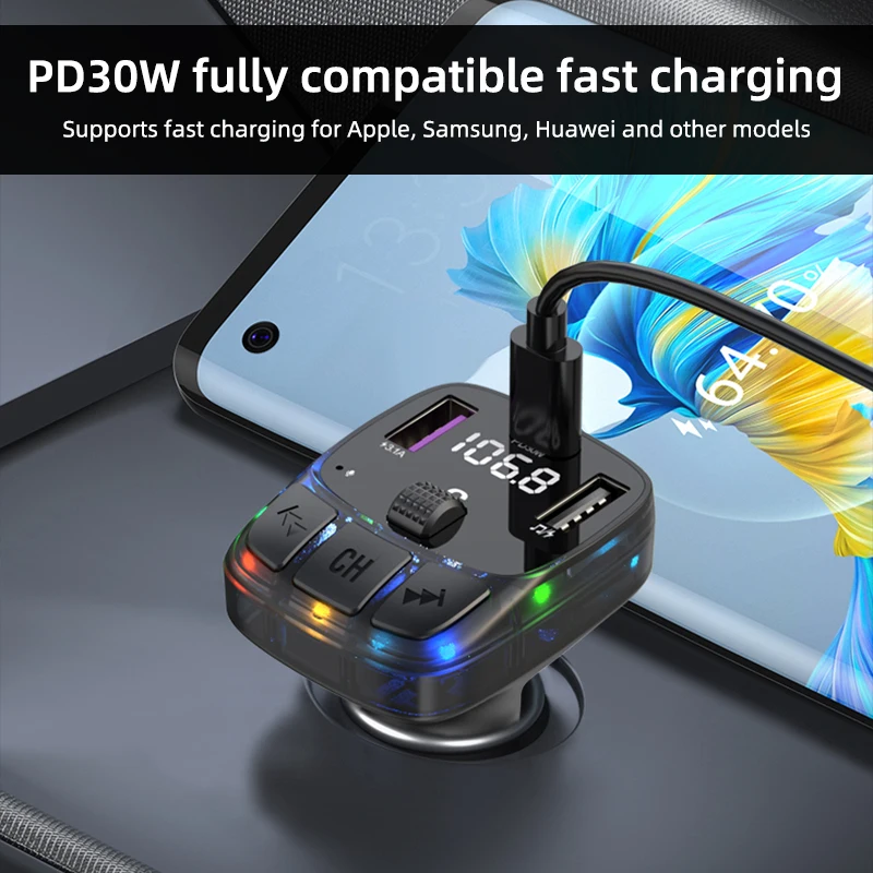 Coche 30W PD Tipo C USB dual Coche rápido que carga la luz ambiental Bluetooth 5.3 Cargador de coche