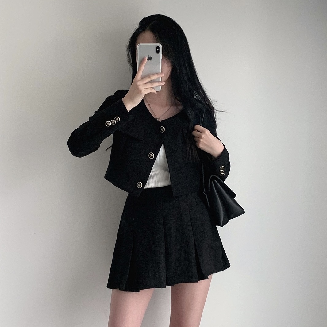 Conjunto de Jaqueta Curta de Tweed e Saia Curta com Forro para Mulheres, Manga Longa, Cor Sólida, Fibra de Poliéster