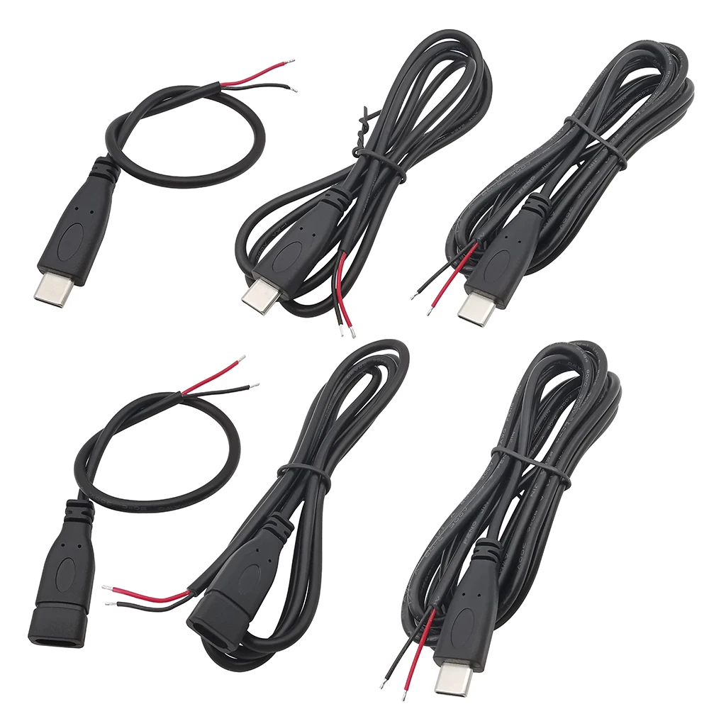 Conector USB tipo C macho hembra, conector de cargador de fuente de alimentación, 2 pines, 4 pines, USB-C, Cable de reparación DIY, Cable tipo soldadura, 0,3 M, 1M, 2M