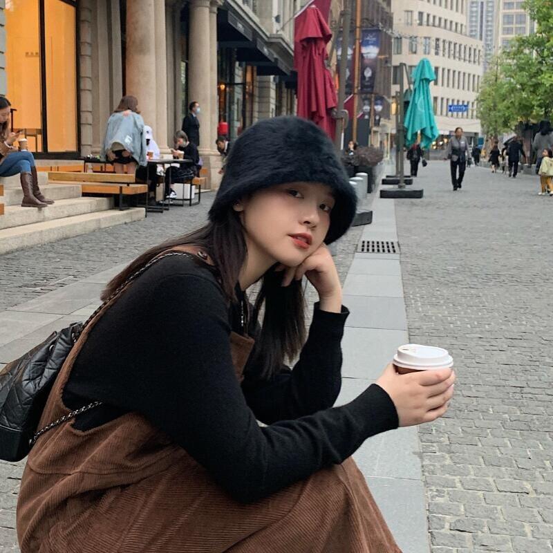 Plush fisherman hat autumn and winter basin hat round head plush high-end feeling face white bucket hat for ladies