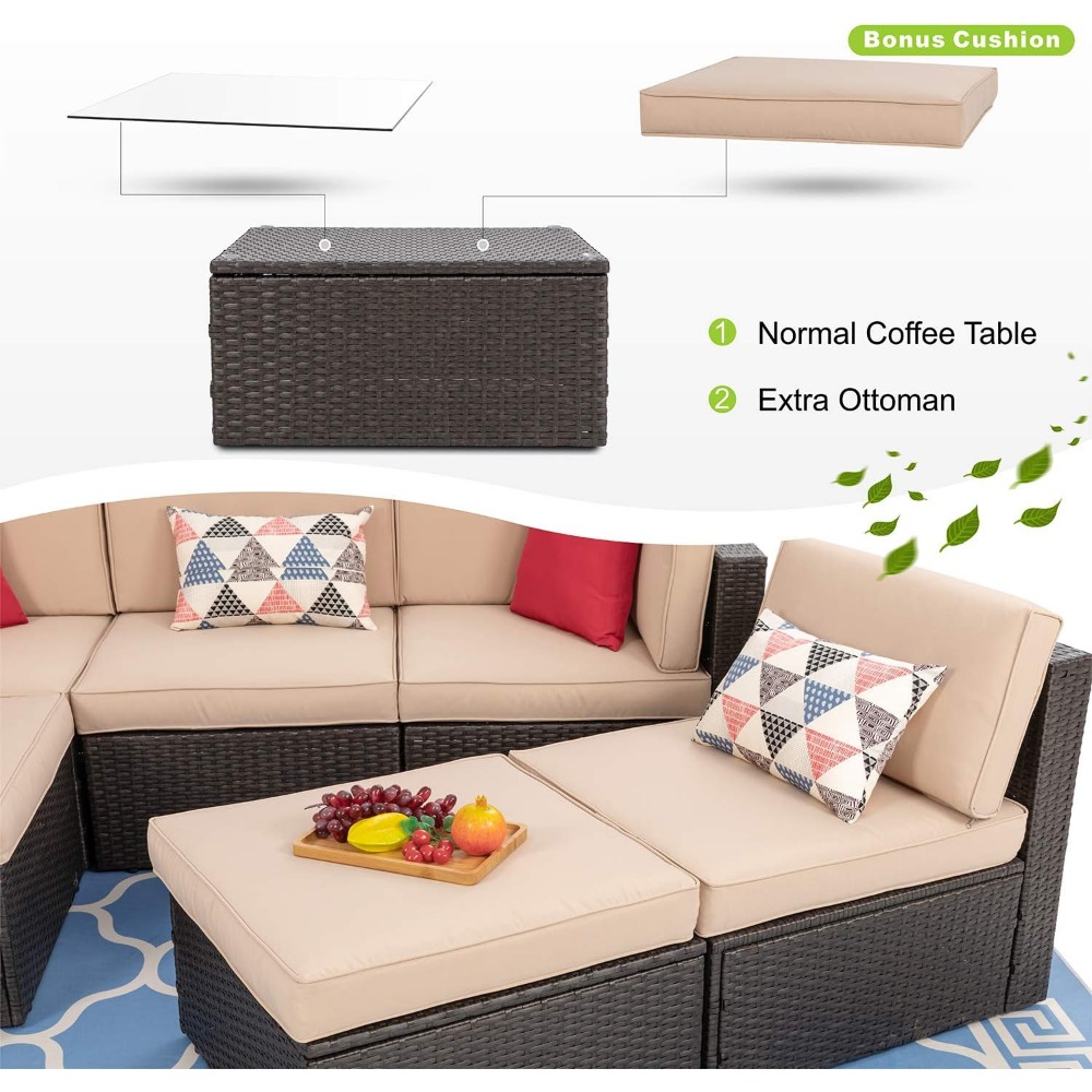 6 Piece Small Patio Furniture Sets, All Weather PE Wicker Rattan Outdoor Sectional Sofa with Glass Table, Cushions and Pillows