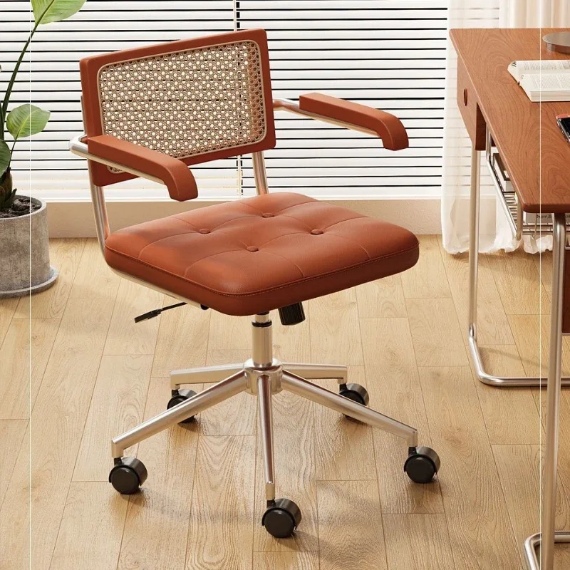 Middle Ancient Office Chair Ergonomic Armrest Desk Chair Rattan Weave Learning Computer Seat Leather Cushion Executive Chairs