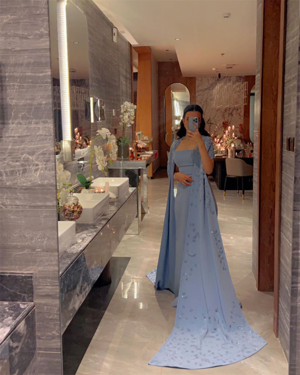 Personalizado eleagnt strapless empie a linha vestido de festa até o chão apliques boné formal vestidos de noite