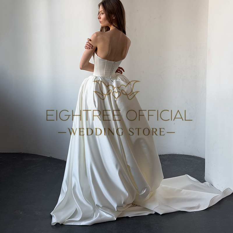 Eightree Boho A-Line Wedding Dresses Strapless Sweep Train Satin Bridal Dress Formal Long Wedding Ball Prom Gowns Customized
