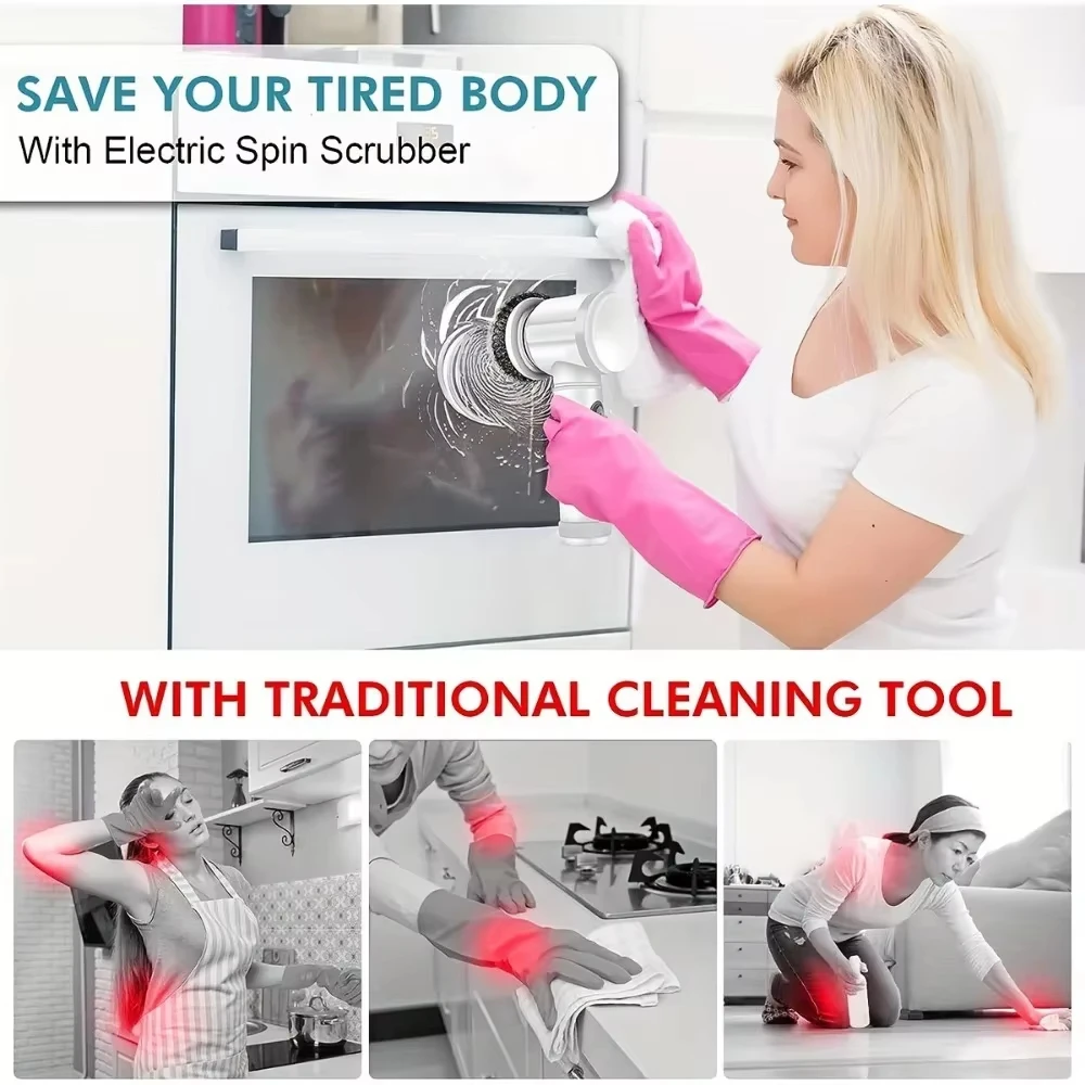 Purificador de rotação elétrico com escovas substituíveis, Escova de limpeza portátil, Chuveiro recarregável, 5 pcs