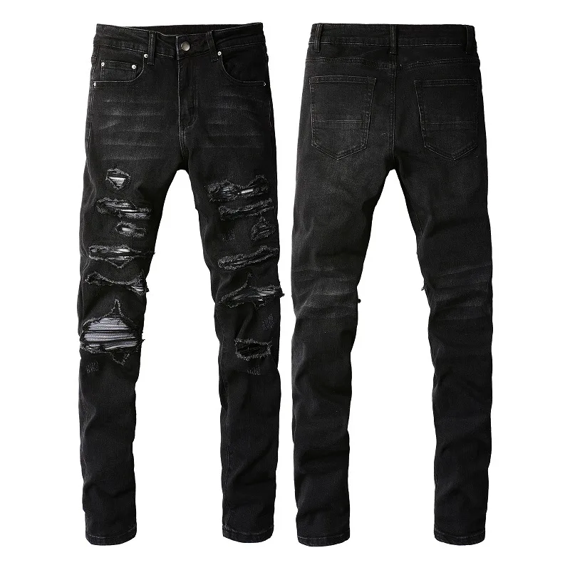 Männer Schwarz High Street Trendy Marke Jeans Premium Männer Neue Stil Patchwork Elastische Slim Fit Zerrissene und Schlankheits Knöchel-länge Jeans